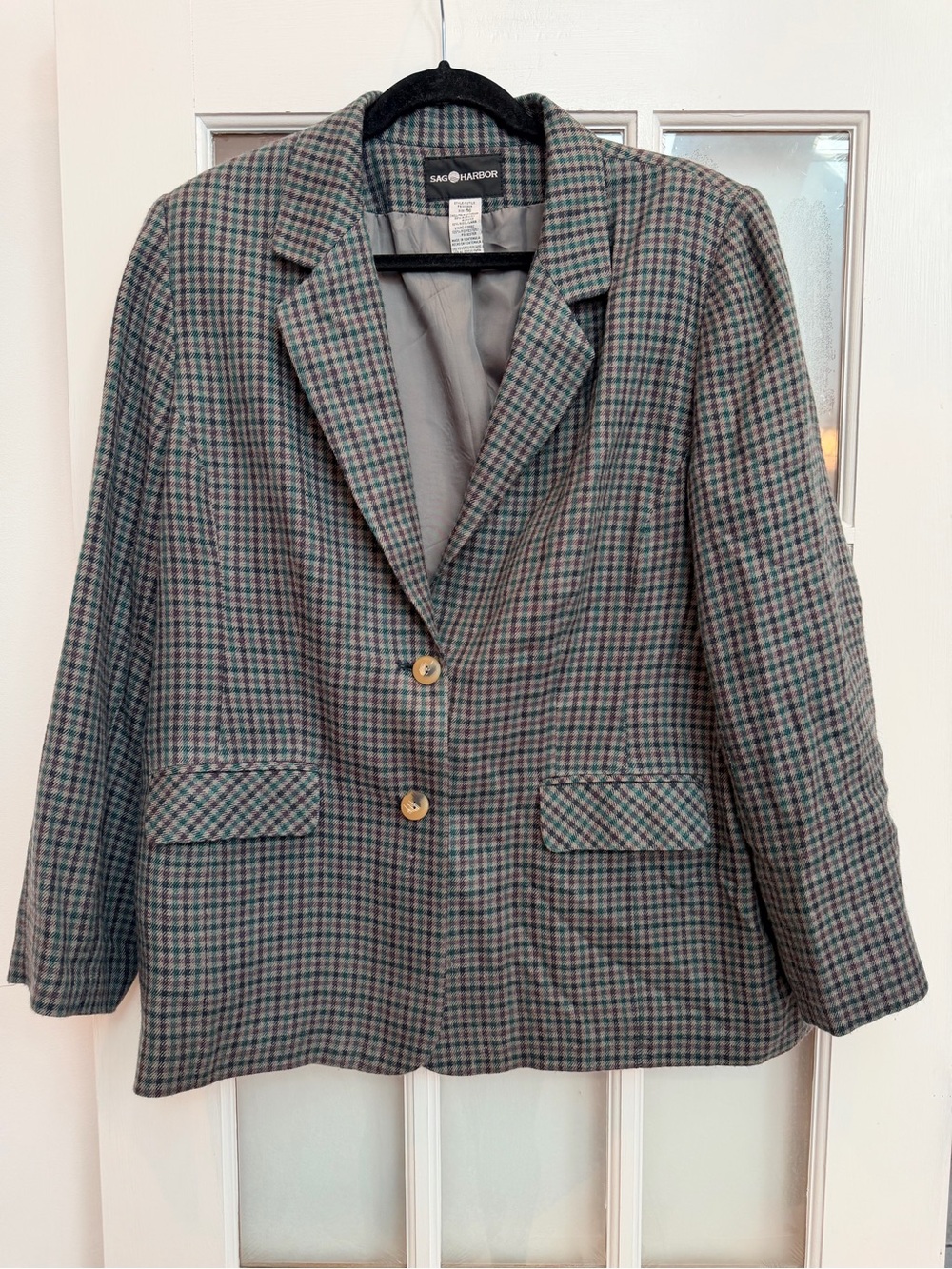 Vintage Sag Harbor 90’s Green Teal Gray Plaid Wool Women's Blazer Plus Size 16